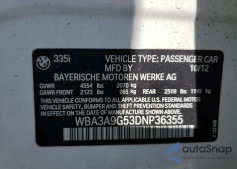 2013 BMW 335 I z USA, uszkodzony, nr VIN WBA3A9G53DNP36355